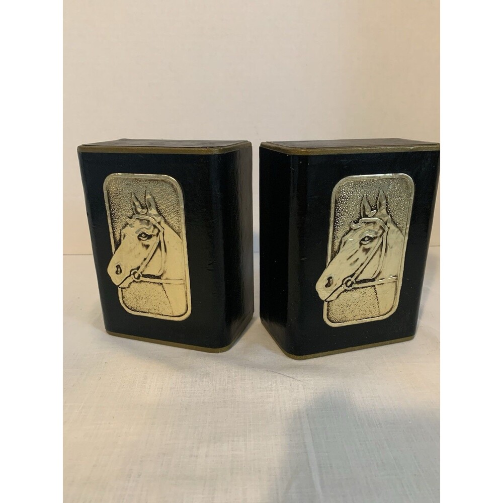 Vintage Black/Gold Leather Over Plaster Embossed Horses Head Bookends.